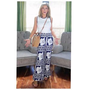 Draper James Linen Blend Wide Leg Pull-On Pants Sz XL Navy Patch Floral Print